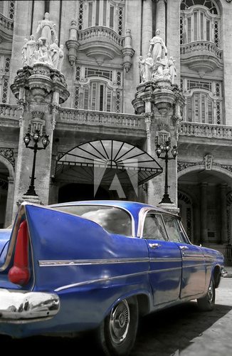 antic blue car parked in front of an hotel - la havana - Cuba