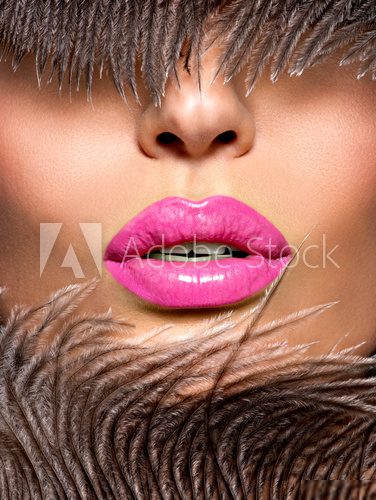  Closeup Beautiful female lips with pink  lipstick 