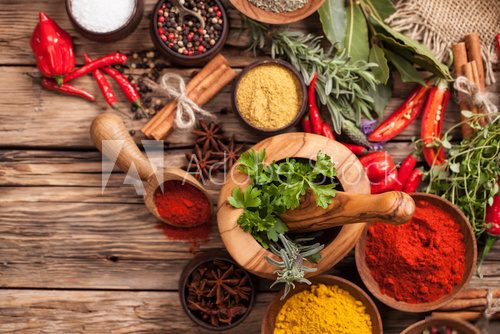 Various spices on wood 