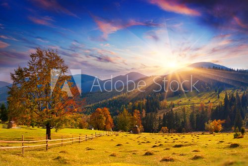 Colorful autumn sunset in the mountains. 