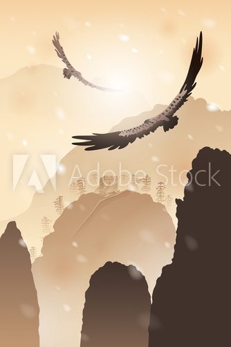 Eagles flying over mountains