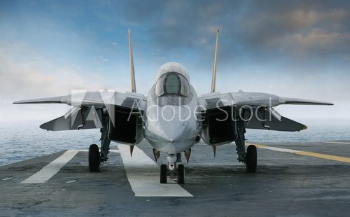 F-14 jet fighter on an aircraft carrier deck viewed from front 
