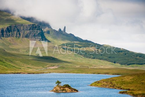 Green landscape of Scotland. Behind the Old man of Storr 