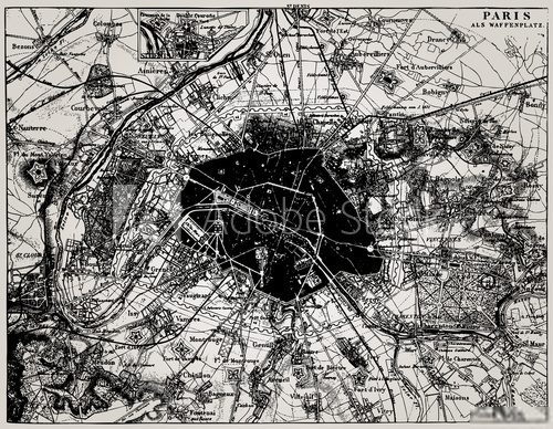Historical map of Paris, France. 