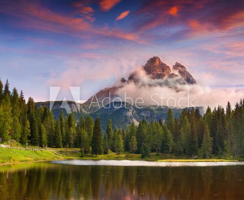 Lake Antorno and Tre Cime of Lavaredo south face in Italy Alps, 