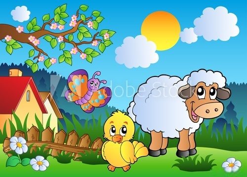 Meadow with happy spring animals