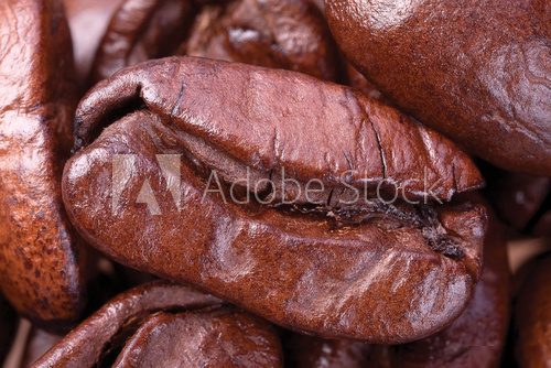 One brown grains of coffee close to the blurry background of cof