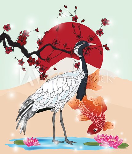 oriental picture with crane and koi 