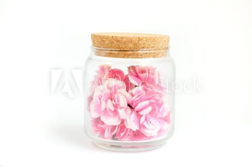 Pink flower inside glass bottle with work path
