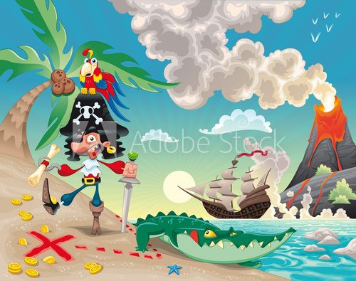 Pirate on the isle Funny cartoon and vector scene
