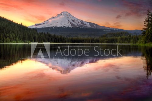 Reflection of Mount Hood on Trillium Lake at Sunset