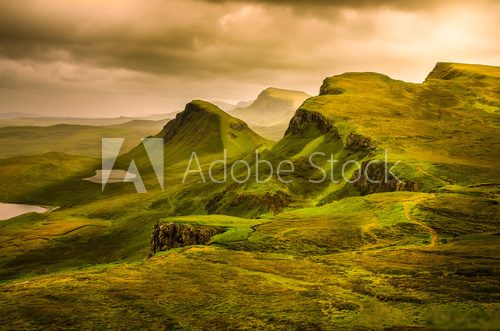 Scenic view of Quiraing mountains sunset with dramatic sky, Scot 