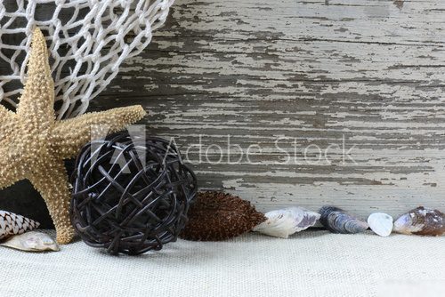 Sea Themed Background with Rustic Wood and Decorative Fishing Ne