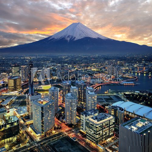 Surreal view of Yokohama city and Mt Fuji