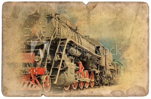 Vintage military postcard isolated, old locomotive 