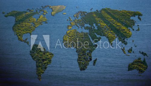 World map filled with grass on background of water 
