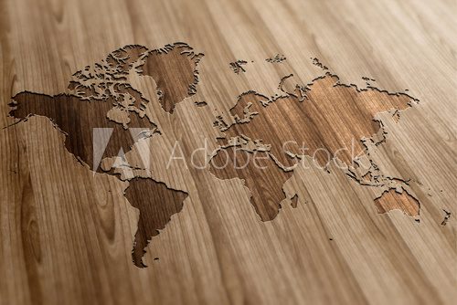 World Map on Wooden Background 