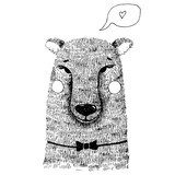 Hand drawn cute bear hand illustration. Ink sketch with wild animal - bear with bow tie, cheeks and speech bubble with heart