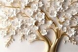 3d wallpaper floral tree background with white flower leaves and golden stem. interior wall home decor, generate ai