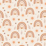 Cute boho rainbow seamless pattern with sun , hearts and stars in terracotta, brown and peach. For baby shower, nursery décor and textile