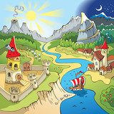 Fairy tale landscape, wonder land, castle and town, cartoon
