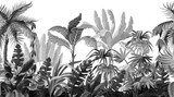 Seamless border with jungle trees in monochrome style.