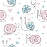Seamless pattern with cute snail hearts. Pink and blue snails. Vector hand drawn illustration. Fashion kids print.