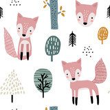 Semless woodland pattern with cute foxes and hand drawn elements. Scandinaviann style childish texture for fabric, textile, apparel, nursery decoration. Vector illustration