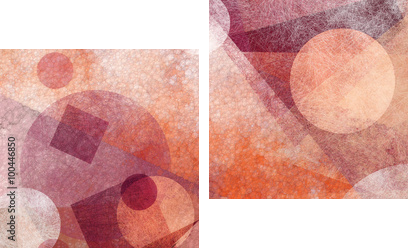 abstract modern geometric background design with various textures and shapes, floating circles squares diamonds and triangles in orange white and burgundy pink colors, artistic composition layout - Zweiteiliges Leinwandbild, Diptychon