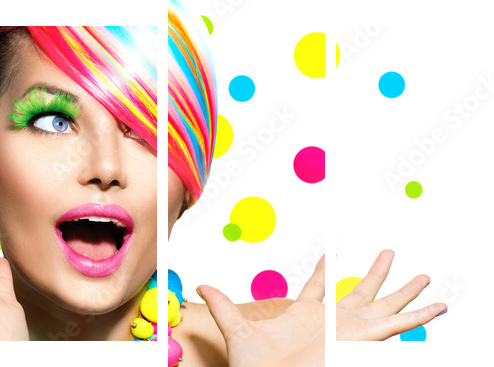 Beauty Portrait with Colorful Makeup Manicure and Hairstyle  - Dreiteiliges Leinwandbild, Triptychon