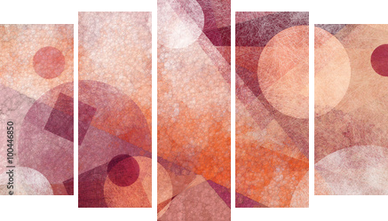 abstract modern geometric background design with various textures and shapes, floating circles squares diamonds and triangles in orange white and burgundy pink colors, artistic composition layout - Fünfteiliges Leinwandbild, Pentaptychon