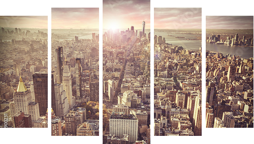 New York city skyline, sunrise in background. - Fünfteiliges Leinwandbild, Pentaptychon