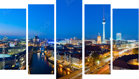 Berlin panorama at night - Fünfteiliges Leinwandbild, Pentaptychon