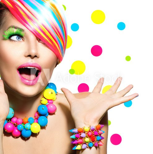 Beauty Portrait with Colorful Makeup Manicure and Hairstyle 