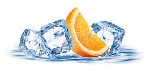 Orange fruit with ice isolated on white background