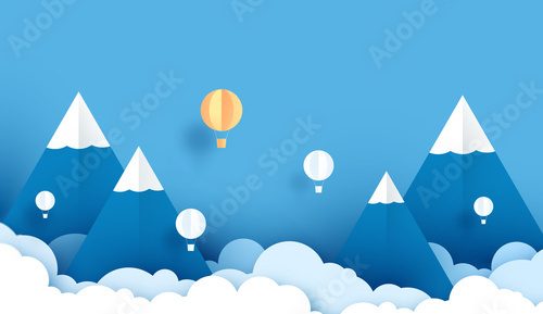 3D paper art and craft of balloon white floating on sky, Balloon with travel. landscape snowy mountain.vector illustartion