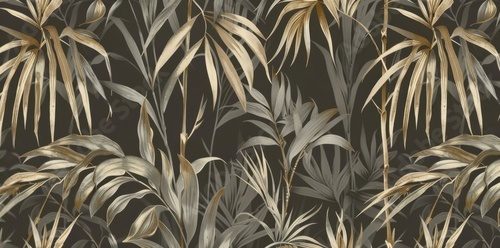 A graphic illustration of exotic leaves and flowers on a concrete grunge wall. Illustration for a photo wallpaper, wallpaper, mural, or card. Design for a loft, classic, or modern style.