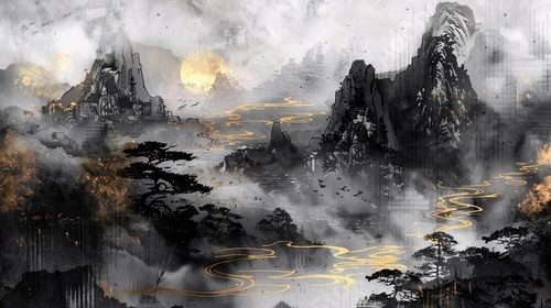 A mesmerizing ink wash landscape painting in the new Chinese style, accented with golden brushstrokes. Perfect for modern art enthusiasts, suitable for wallpapers, posters, cards, murals, and prints