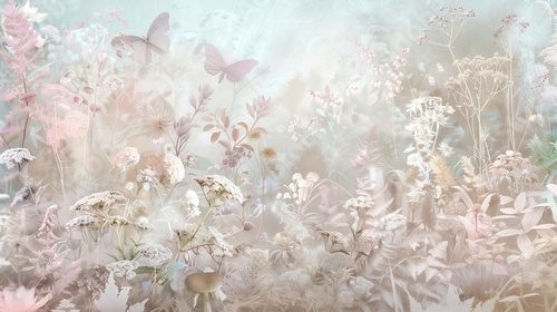 A tapestry of delicate flora and fauna rendered in soft, pastel hues, creating an idyllic and enchanting dreamscape.