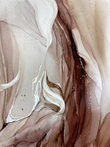 Abstract brown aquarelle marble with gold — pink and brown transparent artwork for background. Beautiful smudges and stains made with alcohol ink. Beige fluid art texture resembles watercolor.