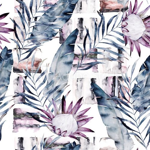 Abstract print with marble random elements and watercolor leaves, flowers. Exotic pattern in retro style. Hand drawn illustration