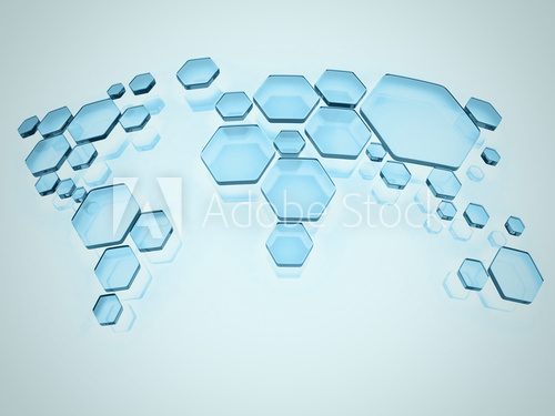 abstract simplified world map made of hexagons 