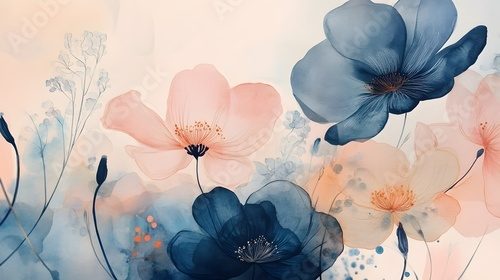 Abstract Watercolor Painting of Delicate Flowers in Blues and Pinks
