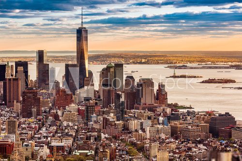 Aerial view of the Lower Manhattan at sunset 