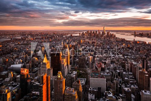 Aerial view of the Manhattan skyline at sunset 