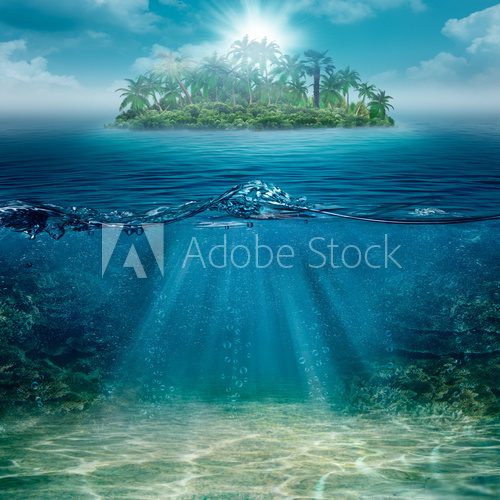 Alone island in the ocean, abstract natural backgrounds 