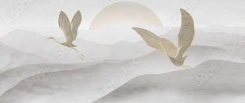 Art background with birds against the backdrop of mountains and hills in a light watercolor style with line elements. Vector banner for decoration, print, textile, poster, interior design.