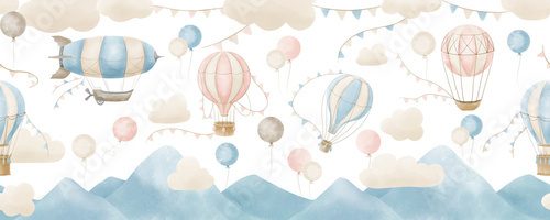 Baby Wallpaper with Hot Air Balloons and clouds. Hand drawn watercolor seamless Pattern for children. Illustration in delicate blue and pink Pastel colors. Background for boy or girl room design