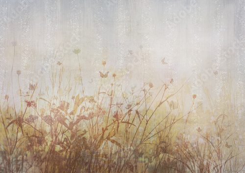 Beautiful flowers and butterflies on grunge background. Design for wallpaper, photo wallpaper, fresco, mural and other.