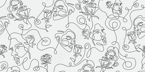 Beauty elegant line art seamless pattern. Woman face and flower One line drawing with contour hand drawn vector illustration, ready for print and textile wrapping. Black and white colors.